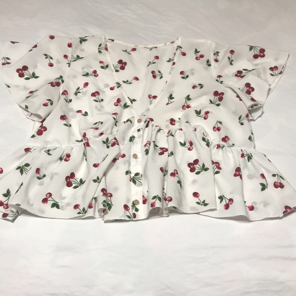 White Cherry 🍒 Print Peplum Ruffle Edge Top - Picture 5 of 7